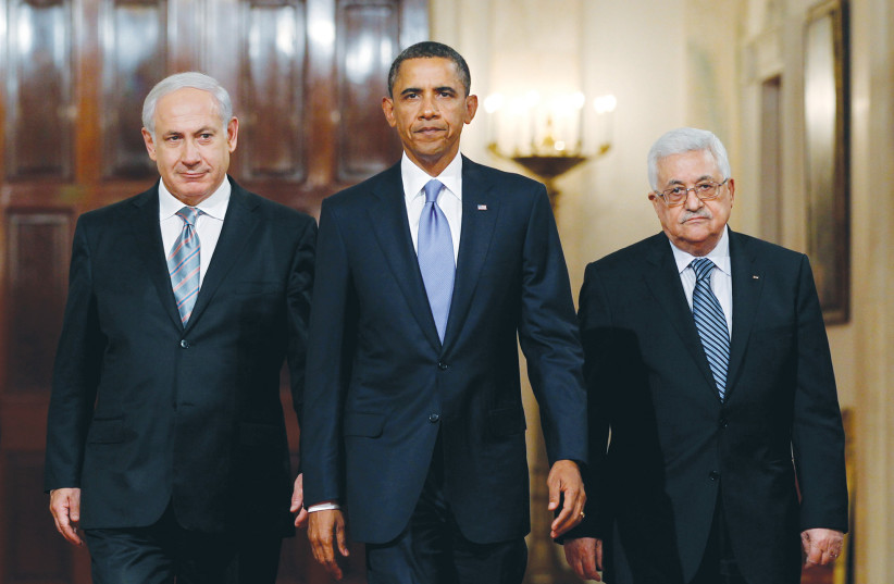  BARACK OBAMA is flanked by Benjamin Netanyahu and Mahmoud Abbas at the White House, 2010. Prime ministers, including Netanyahu, negotiated with the Palestinian leader when they thought it was in Israel��s interest to do so, says the writer.  (credit: JASON REED/REUTERS)