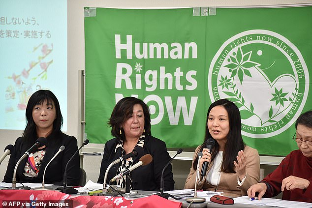 Japanese activists and lawyers, (L-R) lawyer and the head of Human Rights Now Kazuko Ito, lawyer Hiroko Goto, activist Shihoko Fujiwara, and activist Setsuko Miyamoto, hold a press conference in Tokyo on March 3, 2016, about women being&nbsp;exploited and abused in Japan's multi-billion dollar pornographic film industry
