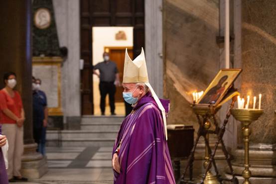 ROME, ITALY - 2021/09/10: Monsignor Vincenzo Paglia, President of Pontifical Academy for Life, during the prayer organized by Community of Sant'Egidio in the basilica of Santa Maria in Trastevere. Twenty years after attacks of 11 September 2001, Community of SantEgidio organized a prayer in the basilica of Santa Maria in Trastevere to remember victims of terrorism and all wars. (Photo by Matteo Nardone/Pacific Press/LightRocket via Getty Images)