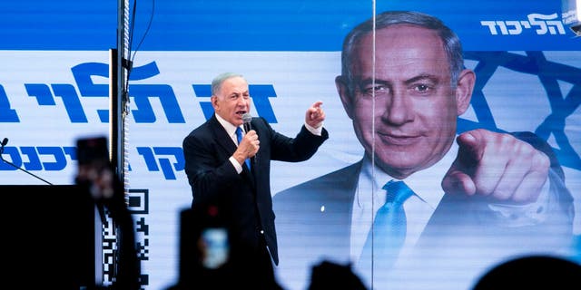Benjamin Netanyahu speaks to supporters during a campign event on Oct. 29 in Bnei Brak, Israel.&nbsp;