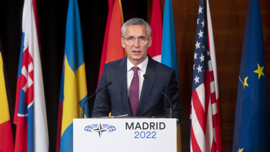 MADRID, SPAIN - NOVEMBER 21: North Atlantic Treaty Organization (NATO) Secretary General Jens Stoltenberg speaks during the plenary session of the third day of the 68th Annual Session of the Parliamentary Assembly in the Auditorium Ground Floor Room at the Hotel Melia Castilla, Nov. 21, 2022, in Madrid, Spain. The NATO Parliamentary Assembly is holding its 68th Annual Session. This is a meeting in which 269 parliamentarians from the 30 member countries and a hundred members from 15 partner countries evaluat