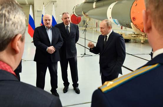 Russian President Vladimir Putin, Belarusian President Alexander Lukashenko and Director General of Roscosmos Dmitry Rogozin visit the assembly room for rockets at the Vostochny Cosmodrome in Amur Region, Russia April 12, 2022. (credit: SPUTNIK/EVGENY BIYATOV/KREMLIN VIA REUTERS)