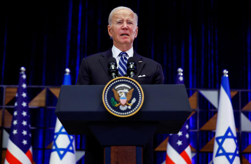  U.S. President Joe Biden delivers remarks as he visits Israel amid the ongoing conflict between Israel and Hamas, in Tel Aviv, Israel, October 18, 2023. (photo credit: REUTERS/EVELYN HOCKSTEIN)